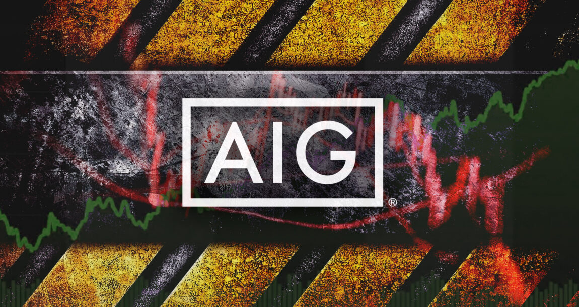 AIG logo sitting atop a downward fever chart. Strong commercial helps AIG withstand shaky Life & Retirement results in Q1.