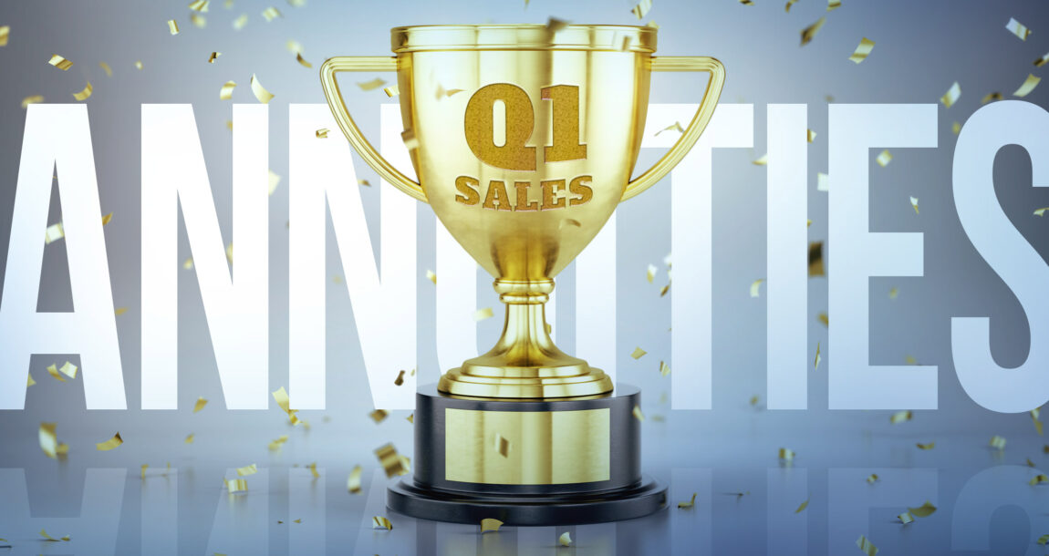 Image of the word "Annuities" with a large trophy bearing the inscription of "Q1 Sales." Annuity sales record set in Q1, says LIMRA.