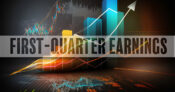 Image shows the words "first quarter earnings" over art of an upward graph line.