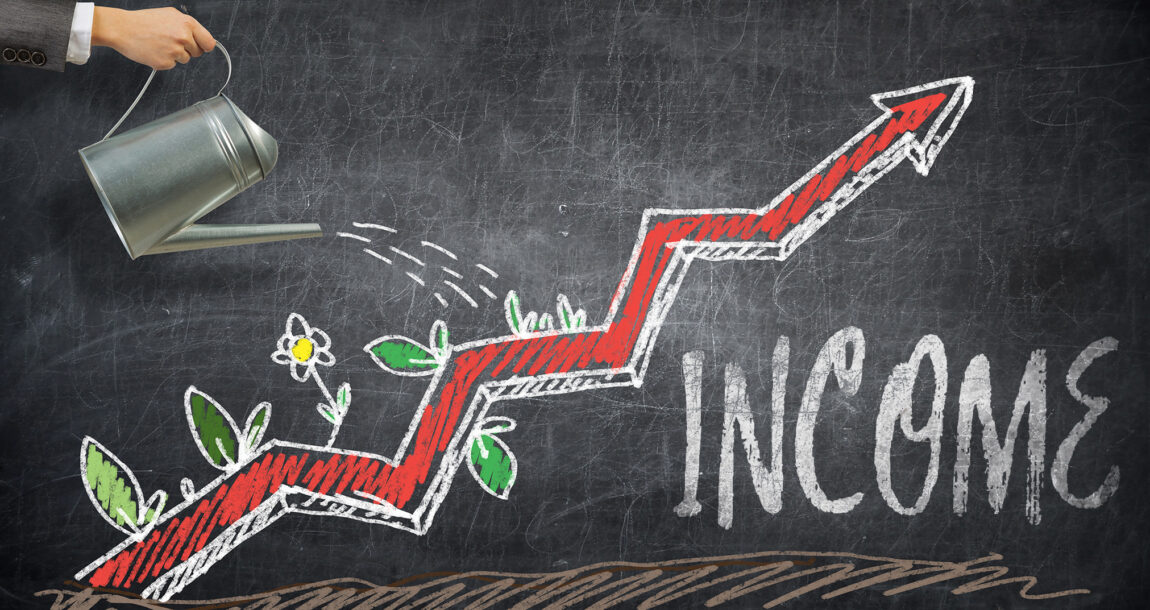 Illustration of a upward fever graph line with flowers growing out of it being watered by a figure holding a watering can. I the word "Income" labels the graph line. Annuity buyers look for income, not accumulation or low fees, survey shows.