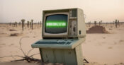 Image of an old, beat up computer with the word "Modernization" on it. Despite gains, insurance industry modernization still lags.