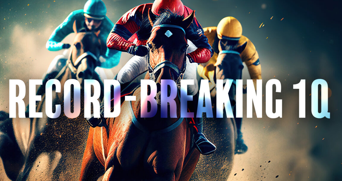 Image shows horses racing with the words "Record-Breaking 1Q" superimposed.