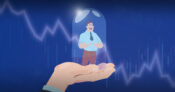 Illustration of a person standing under a glass jar while in the palm of a giant hand, with a downward financial graph in the background. How financial advisors can retain clients in uncertain times.