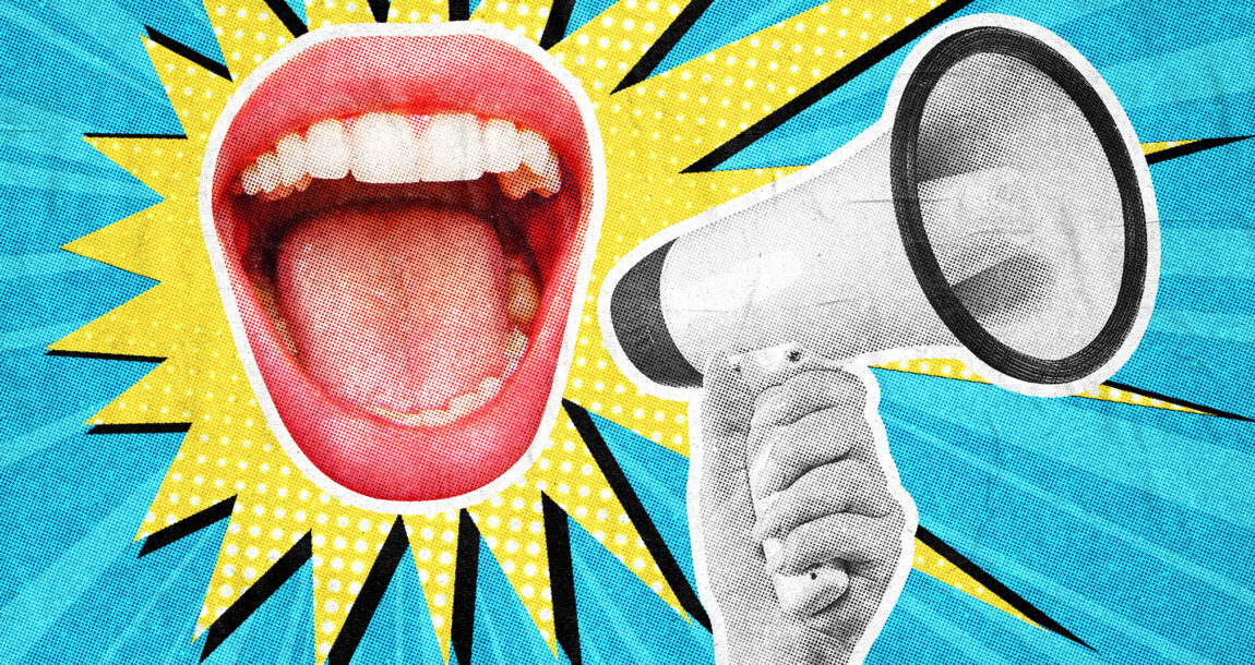 Photo shows a mouth screaming into a megaphone.