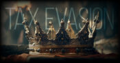Image shows a crown against a blue sky backdrop and the words "tax evasion."