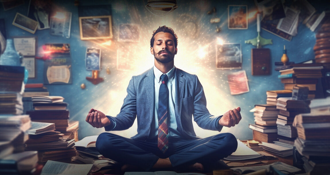 Image of man in business clothes sitting in the lotus position. Follow-through: 10 expert tips on how to accomplish your goals.