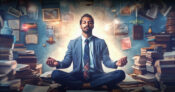 Image of man in business clothes sitting in the lotus position. Follow-through: 10 expert tips on how to accomplish your goals.