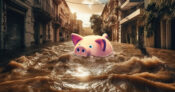 Image of a piggy bank swimming in a street full of mud. ‘Dark data’ muddies picture, holds promise for insurance industry.