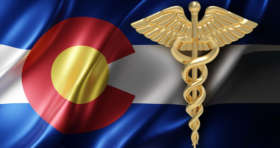 Image of the state flag of Colorado with a medical caduceus superimposed. Colorado seeks rehabilitation order for Friday Health Plans.