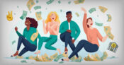 Illustration of young adults smiling and throwing money up in the air in celebration. Succeeding with Gen Z, millennial investors: Key strategies for financial advisors.