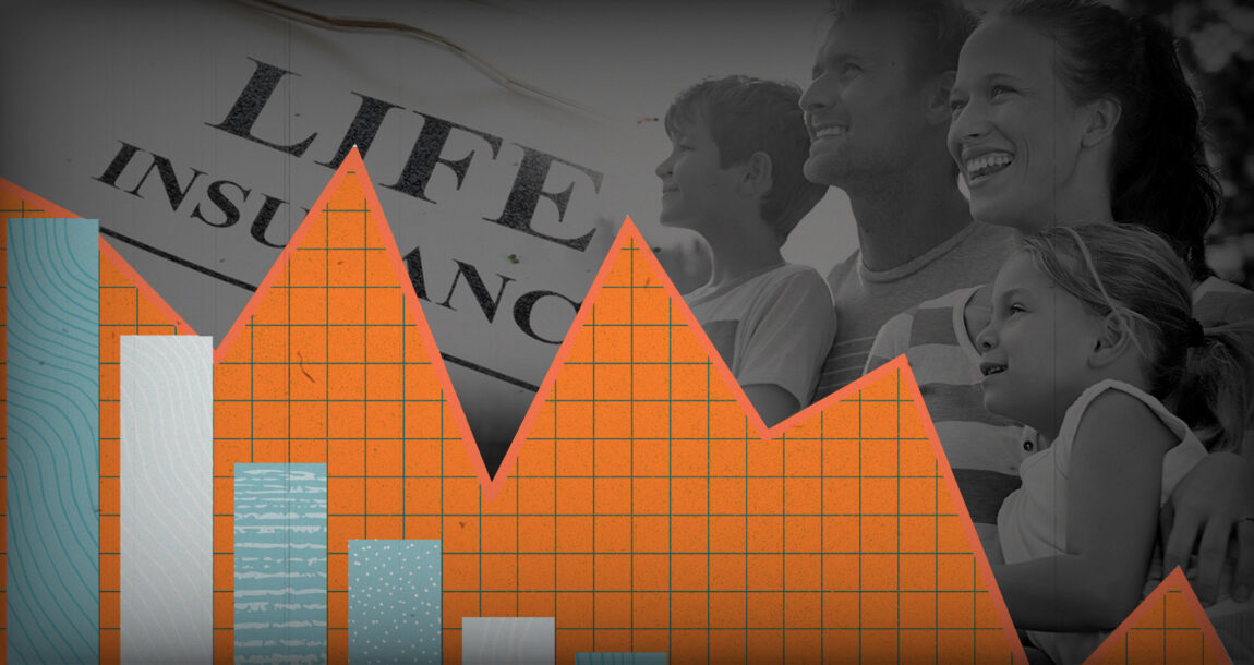 Image of life insurance advertisement showing fanily with a downward trending graph superimposed on it. Life insurance sales down 'across the board,' Wink reports.