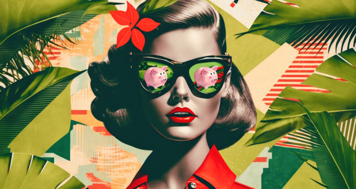 Image of a pretty woman with sunglasses and a flower in her hair against a summery backdrop, with a piggybank reflected in her sunglasses. How financial advisors can make the most of the summer slump.