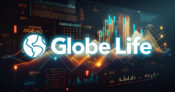 Image of the logo for Globe Life overlaying charts and graphs showing positive gains. Globe Life execs tout agent recruiting, investment income in solid Q2.