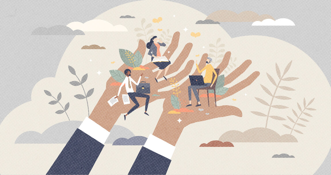 Illustration of a giant pair of hands holding office workers of various races and genders. Diversity extends to employee benefits.