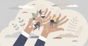 Illustration of a giant pair of hands holding office workers of various races and genders. Diversity extends to employee benefits.