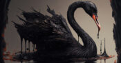 Illustration of swan covered in black goo. Despite economic improvements, some fear 'black swan' event.