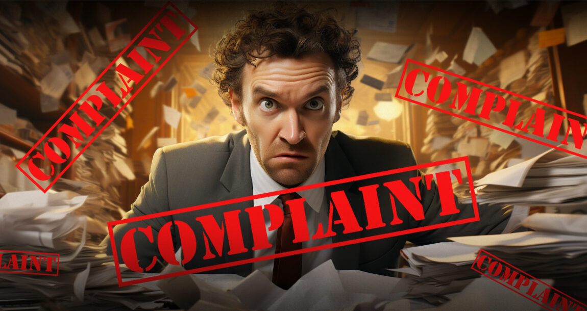 Image of harried looking man with the word "COMPLAINT" stamped across the image. Vehicle insurance claims complaints through the roof as problems mount.