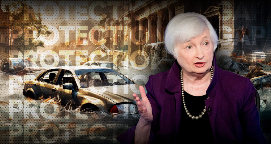 Image of Janet Yellen superimposed of a background with the word "Protection" repeated. Yellen warns of insurance 'protection gap' due to climate disasters.