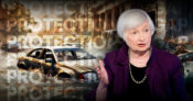 Image of Janet Yellen superimposed of a background with the word "Protection" repeated. Yellen warns of insurance 'protection gap' due to climate disasters.