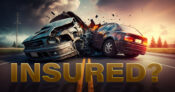 Illustration of two cars damaged in a collision with the word "Insured?" superimposed. Auto insurance deals harder to come by; more drop policies.