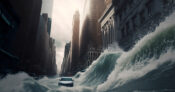 Image shows a car and water rushing down Wall Street.