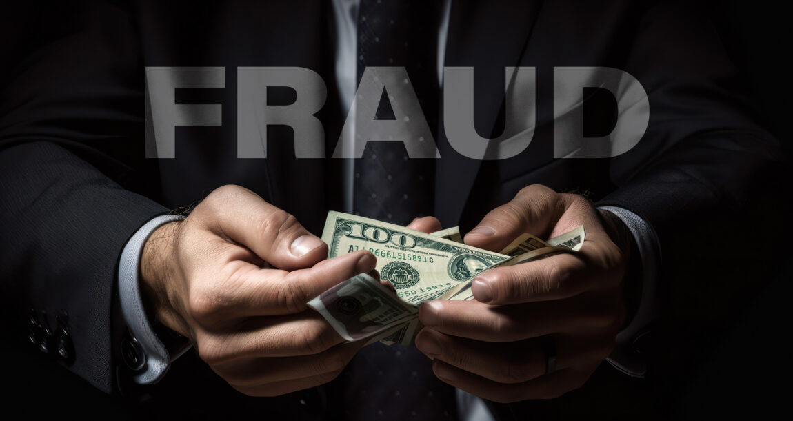 Image shows hands fingering money with the word "Fraud" over top