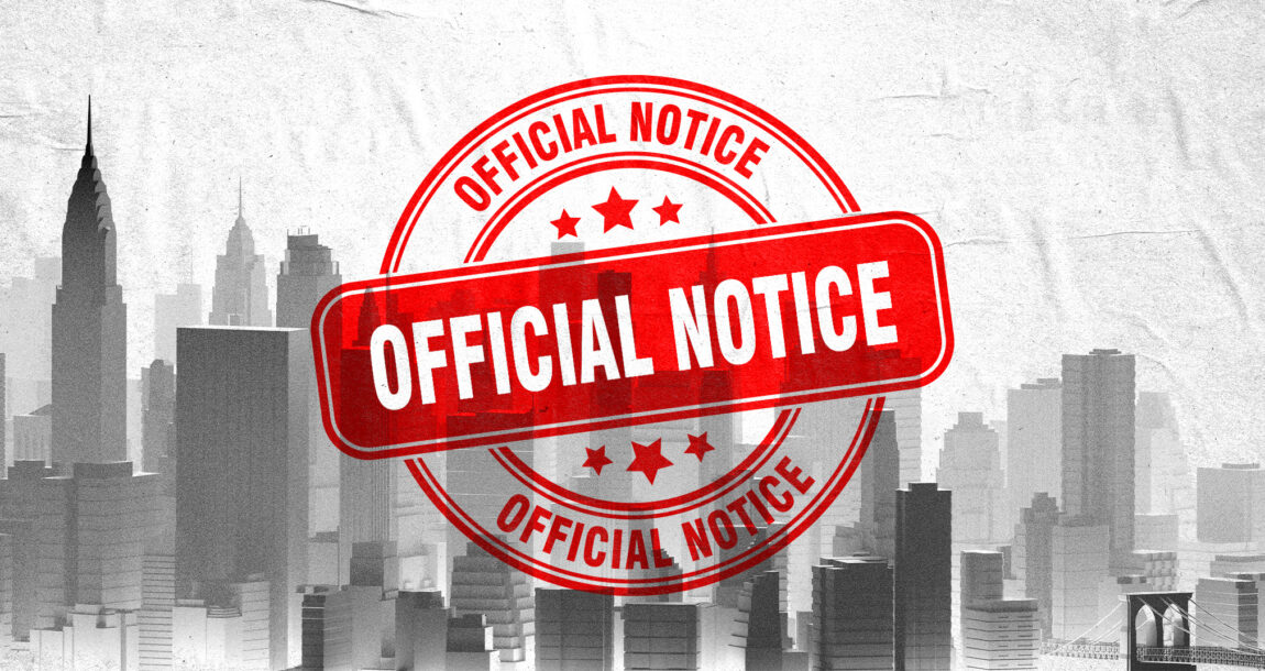 Illustration of a stamp that reads "Official Notice" and is set against the New York skyline. N.Y. regulators hit insurance companies for multiple policy versions.