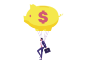 Image of a man holding a briefcase, parachuting with a parachute in the shape of a piggy bank. Inflation cools in June, raises hope for 'soft landing'.