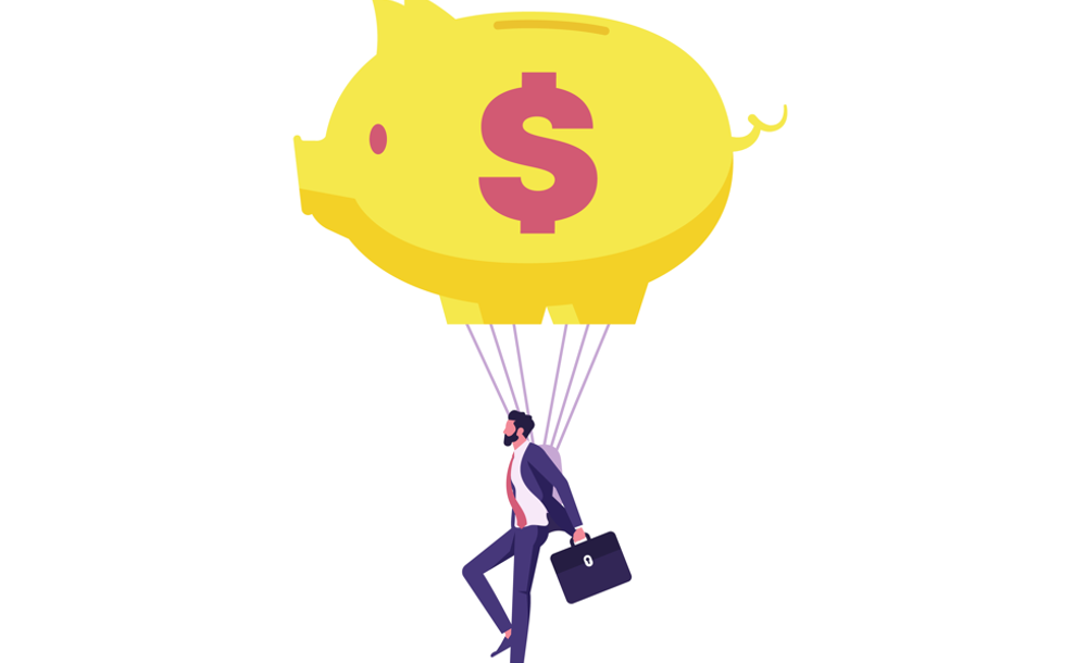 Image of a man holding a briefcase, parachuting with a parachute in the shape of a piggy bank. Inflation cools in June, raises hope for 'soft landing'.