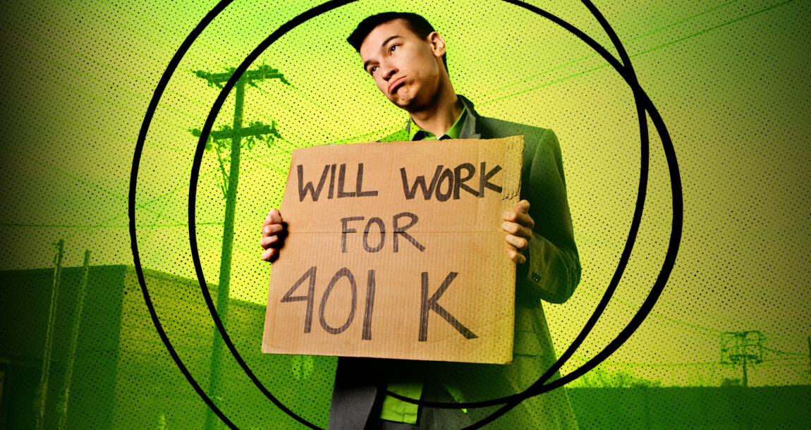 Image of man holding a sign that says "Will work for 401(k)." 401(k) plan is becoming non-negotiable for job seekers, study finds.