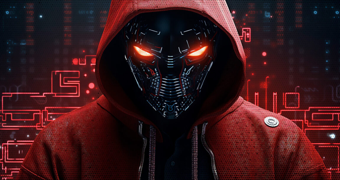 Image of a sinister robotic figure against a background of electric circuits. AI-enabled cybercrime becoming more effective, insurance experts say.