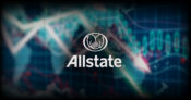 Image of Allstate logo superimposed over graphs showing downward trend. Climate catastrophes take toll on Allstate earnings.