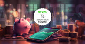 Image shows a message about annuity sales rising 27% with a phone and a pig in the background.