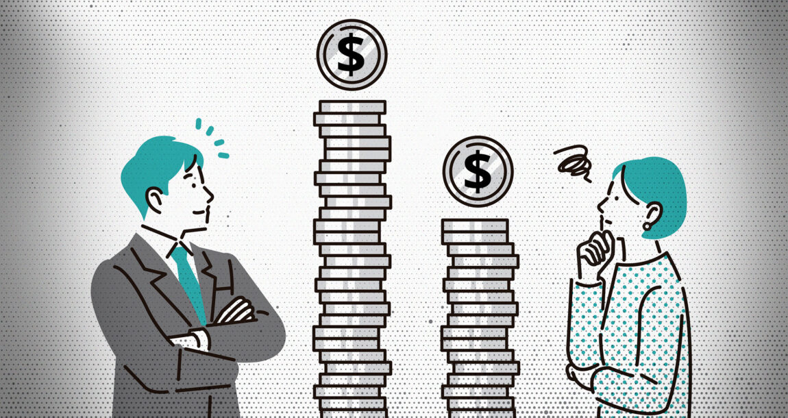 Illustration of a man and a woman looking worriedly as stacks of coins. Employees less confident about finances than business owners.