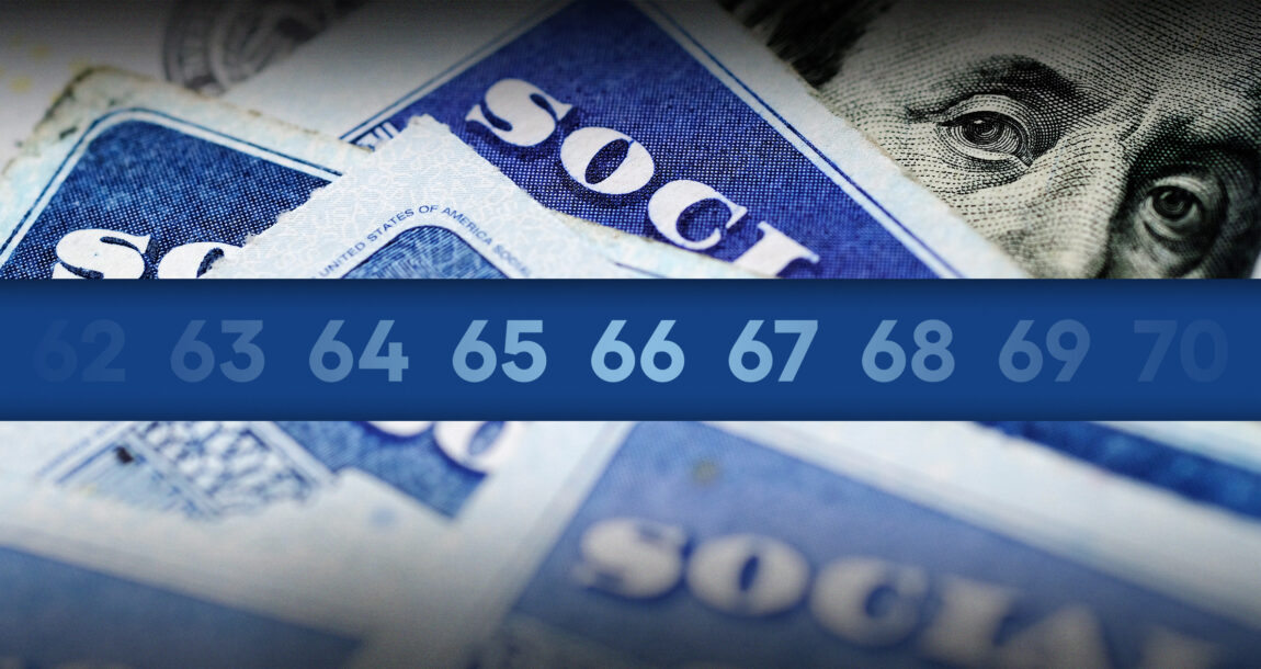 Image of Social Security cards and money, with numbers ranging from 64 to 68 superimposed.