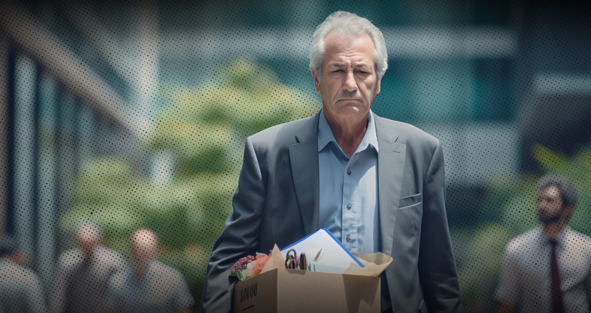 Image of older man leaving a building with a box of office supplies. Financial advisors say that 40% of their clients were forced to retire.