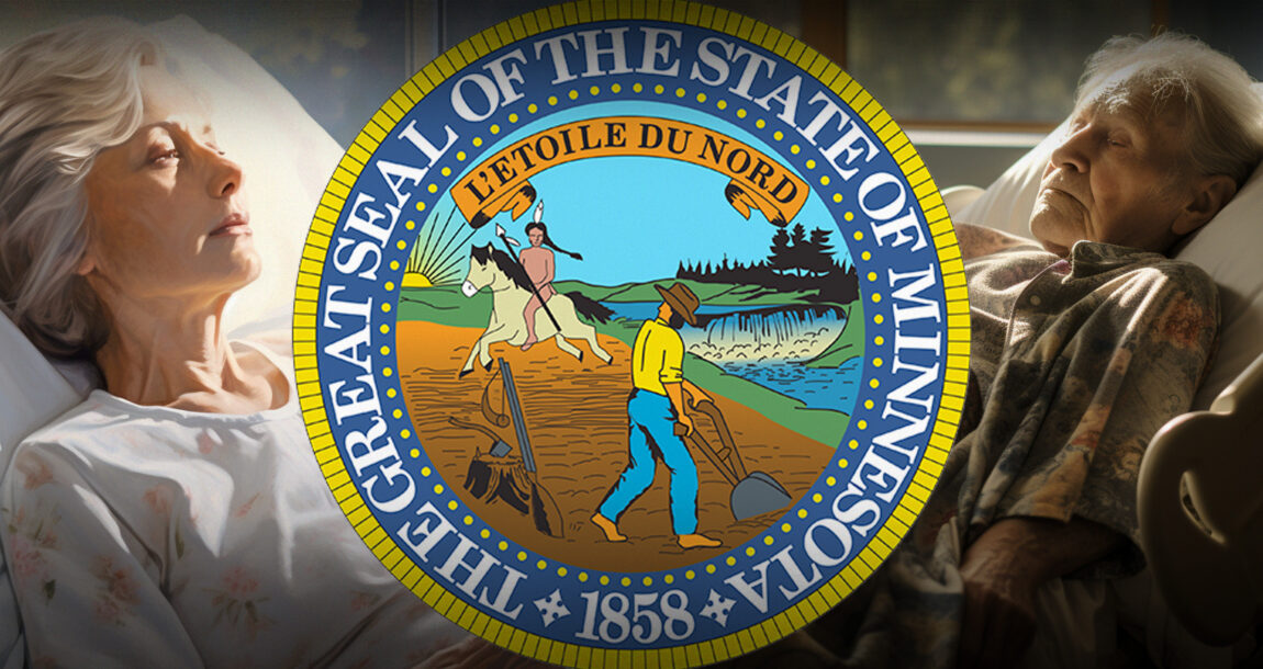 Image shows the Minnesota state seal against images of long-term care.