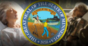 Image shows the Minnesota state seal against images of long-term care.