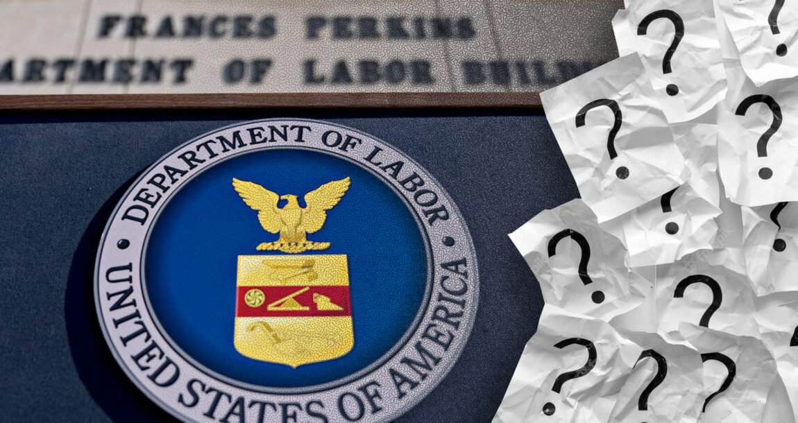 Image shows the Department of Labor logo and building with question marks beside them.