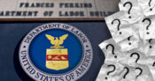 Image shows the Department of Labor logo and building with question marks beside them.