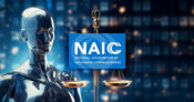 Image shows the NAIC logo over legal scales and AI artwork.