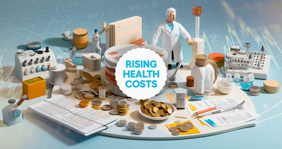 Miniature doctor figure surrounded by various medical equipment as well as coins, with "Rising Health Costs" superimposed.