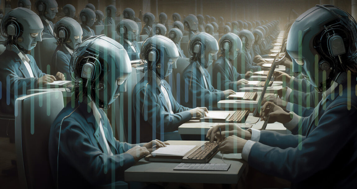 Image of rows of seated robots making phone calls on computers.