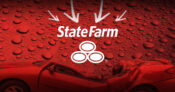 State Farm logo superimposed along with downward pointing arrows over the hood of an automobile.