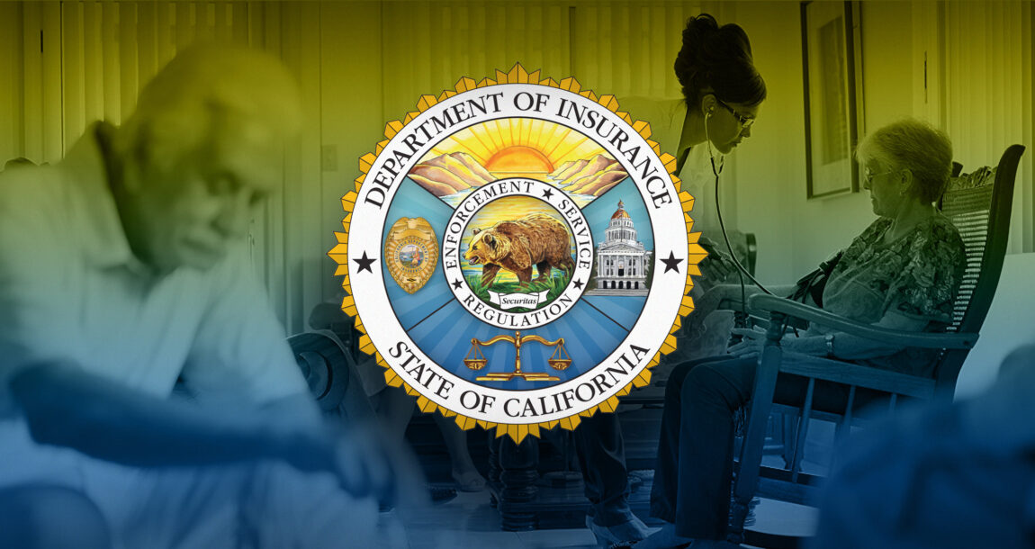 Image of people in the background with the official seal of the California office of the insurance commissioner superimposed.