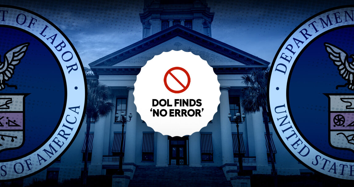 Image shows a courthouse in the background, fronted by a message from the DOL