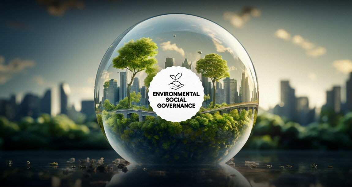 City skyline viewed through a terrarium, with the words Environmental Social Governance superimposed over the image.