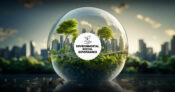 City skyline viewed through a terrarium, with the words Environmental Social Governance superimposed over the image.