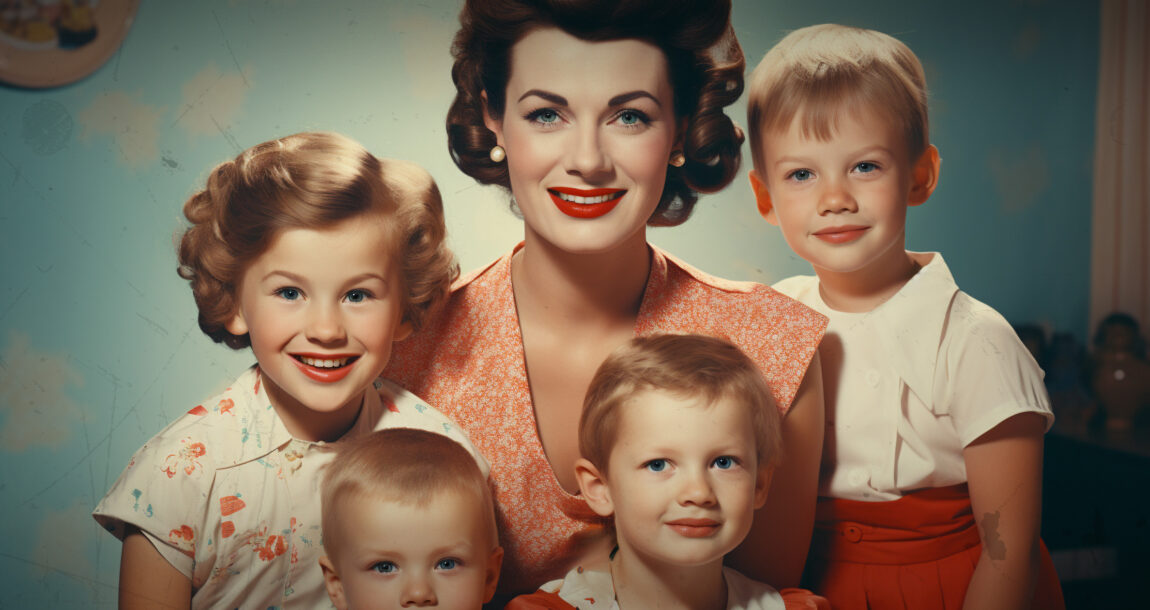 Picture of a mother with her children, pictured in a mid-century nostalgic manner.