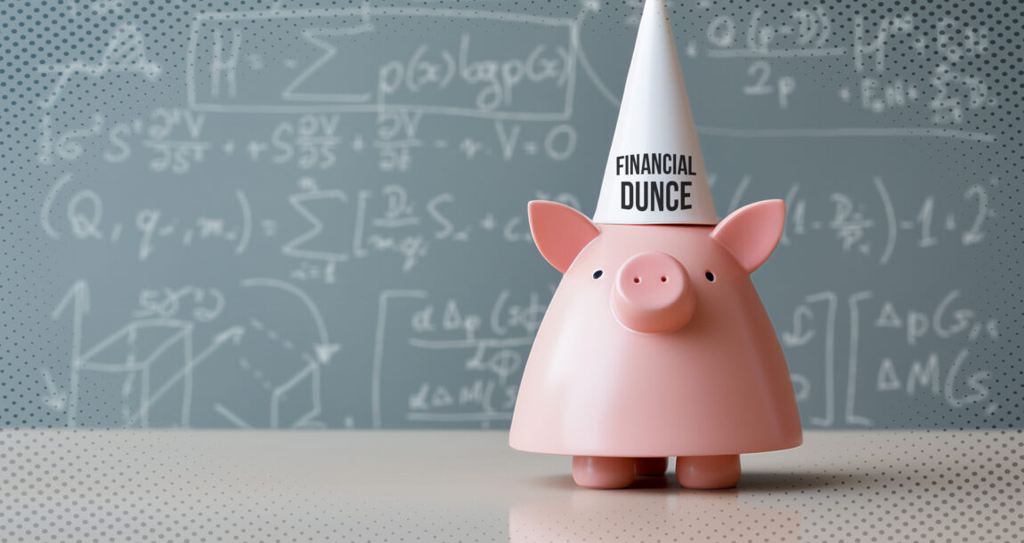 Image of a plastic pig wearing a dunce cap with the words "Financial Dunce."